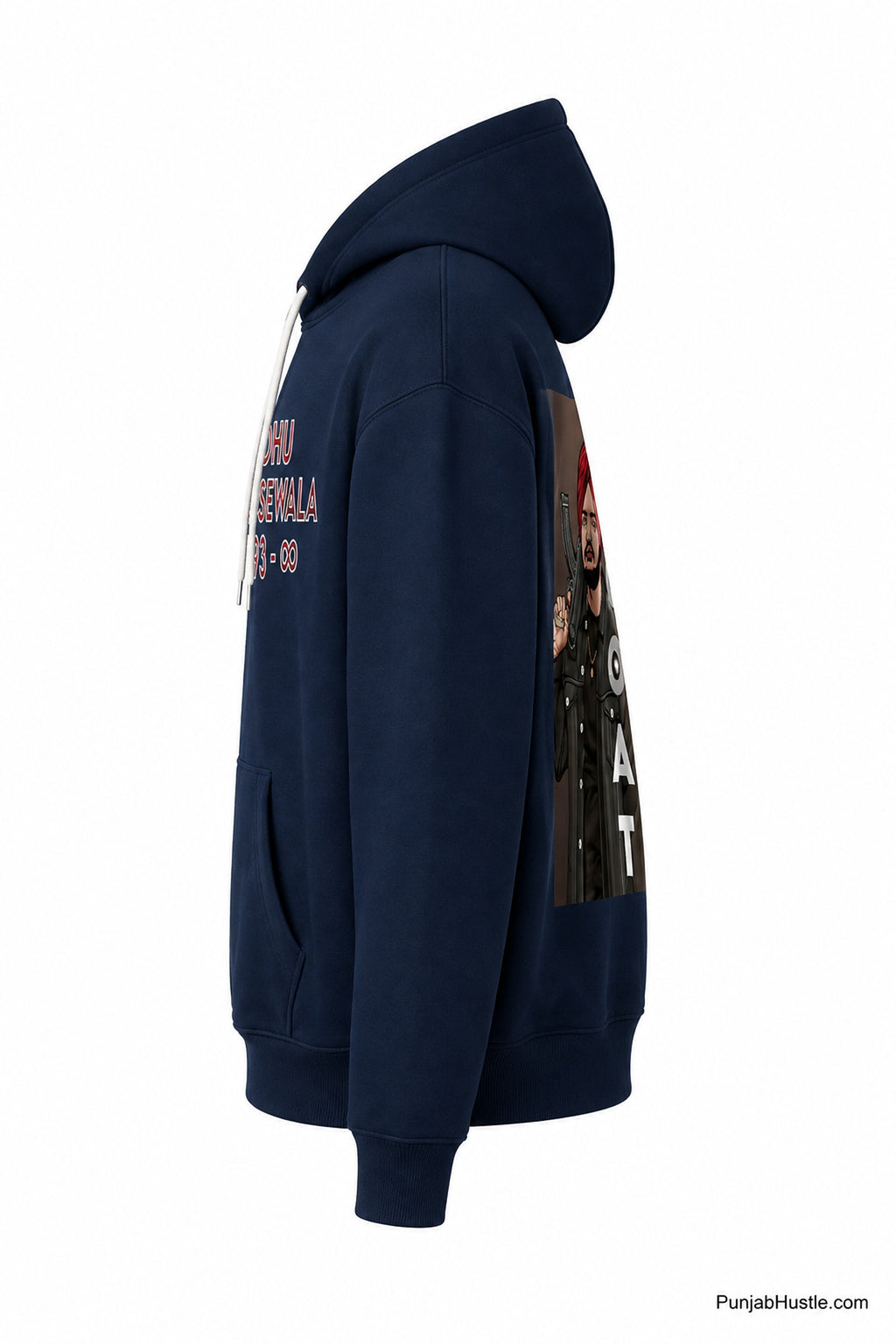 Side view of navy blue Sidhu Moose Wala hoodie showing hood, sleeve and back graphic.