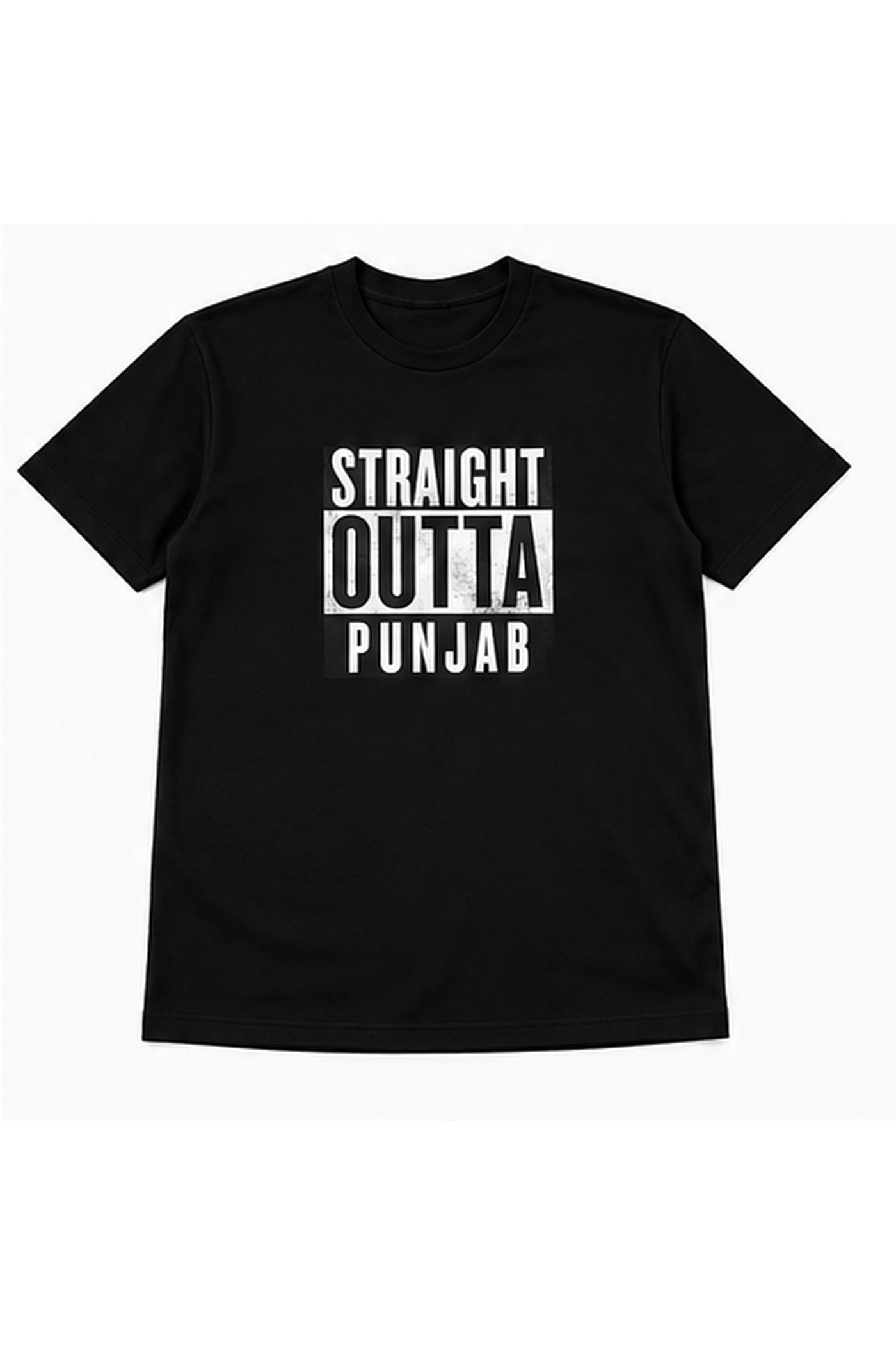 Black Straight Outta Punjab graphic T-shirt displayed flat on white background.