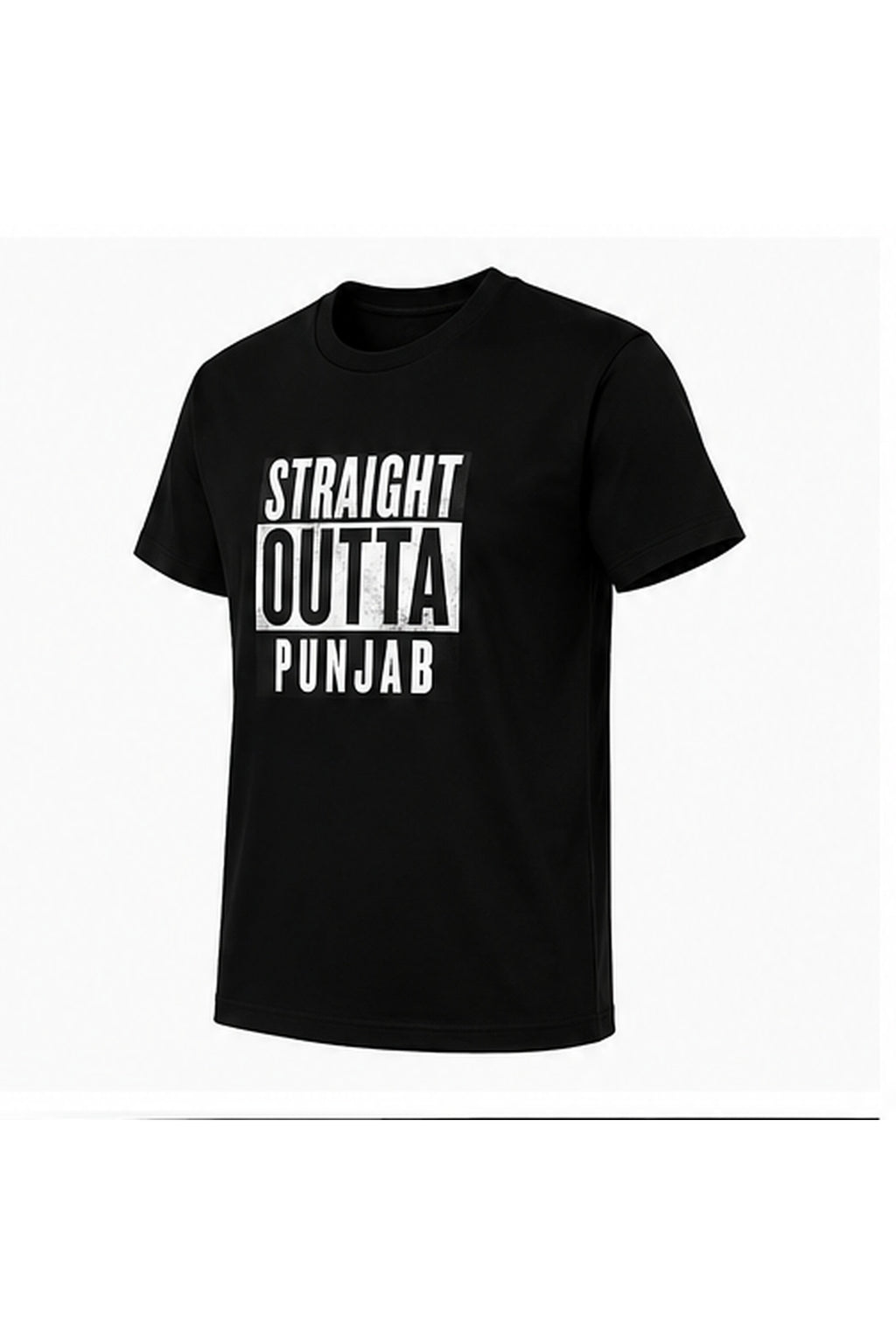 Three-quarter view of black Punjabi T-shirt with Straight Outta Punjab front graphic.