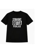 Black Straight Outta Punjab Punjabi graphic T-shirt shown from the front.
