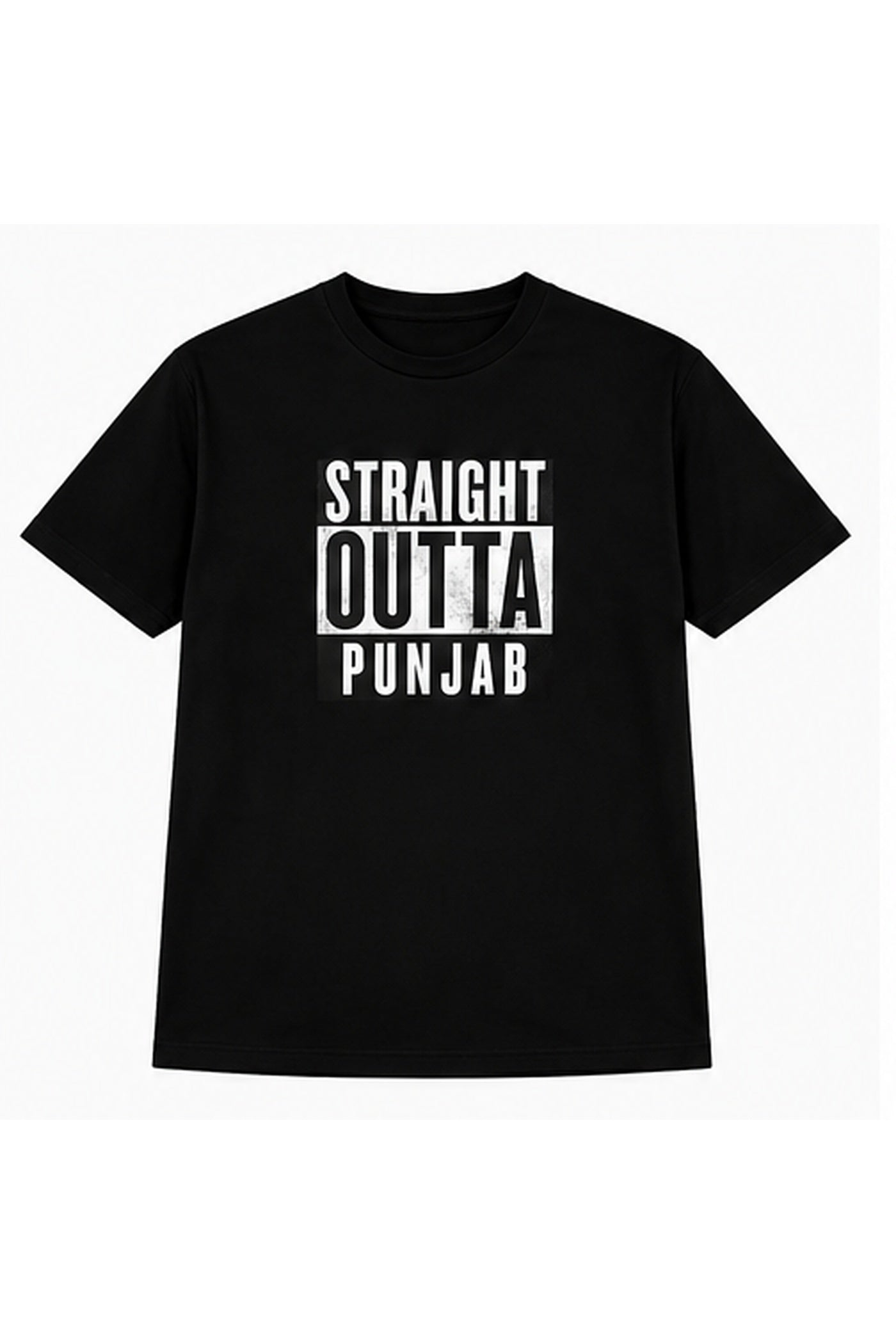 Black Straight Outta Punjab Punjabi graphic T-shirt shown from the front.