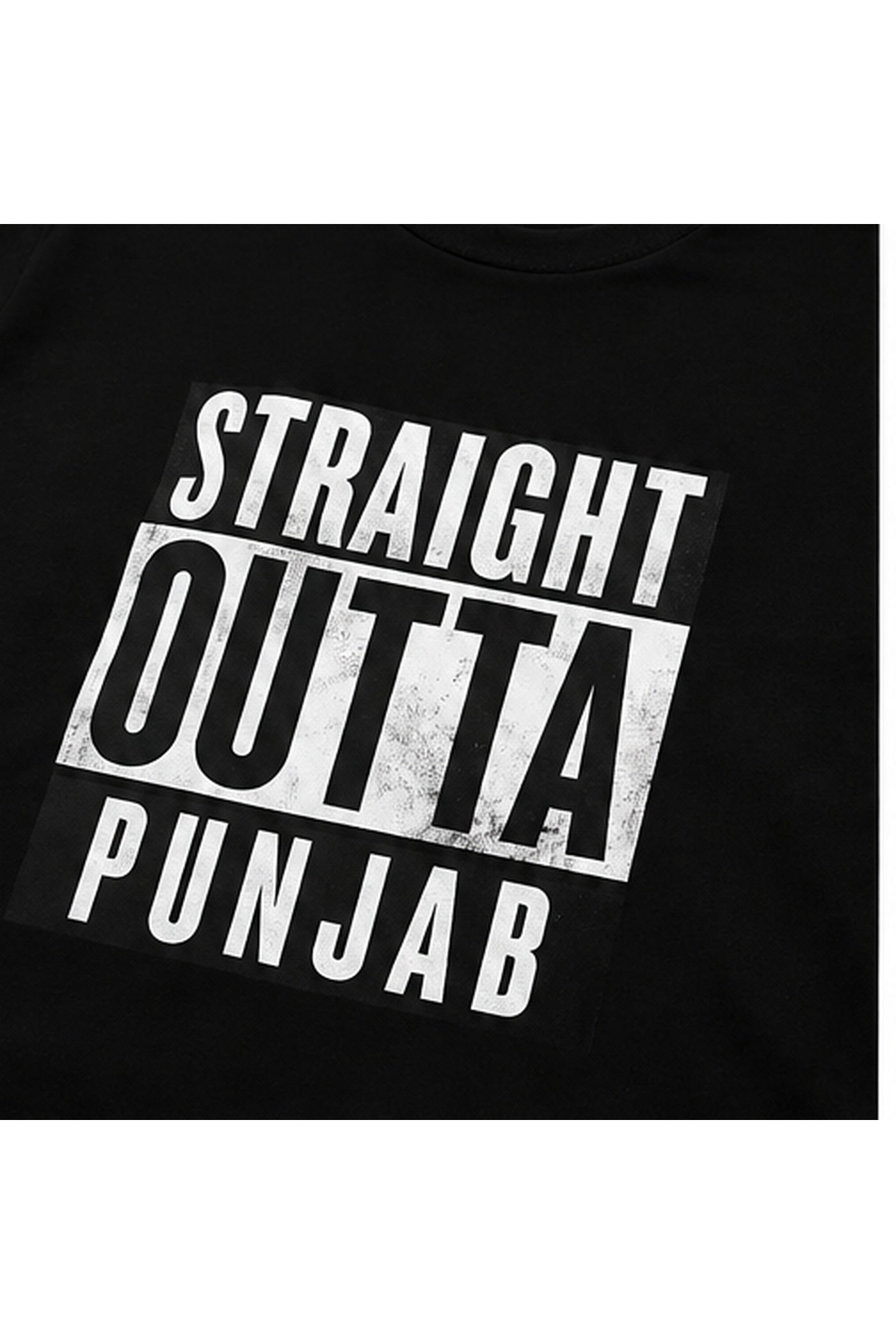 Close-up of distressed white Straight Outta Punjab graphic on black T-shirt.